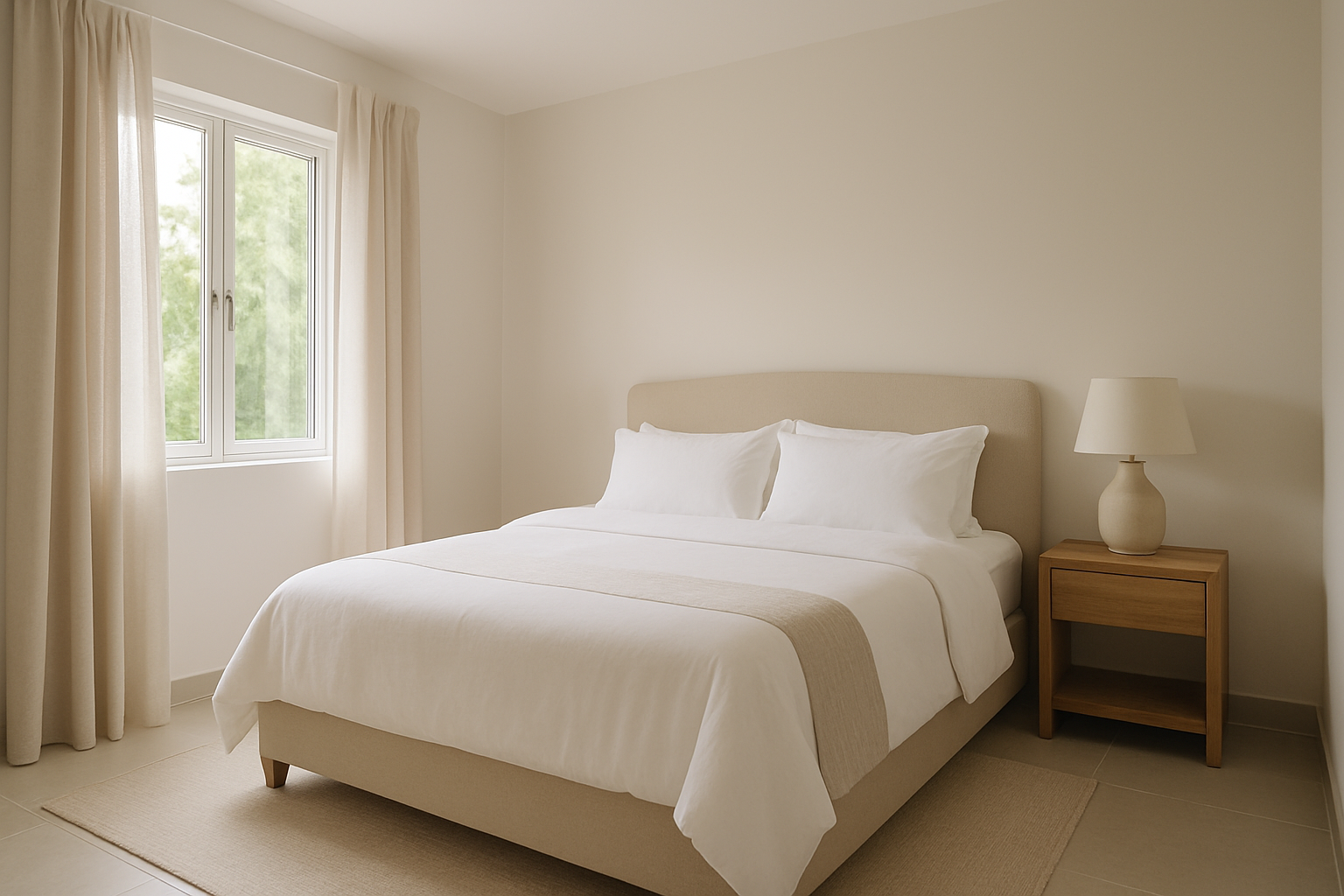 Dormitorio en Los Santos con cama matrimonial, ropa de cama blanca y cortinas de lino