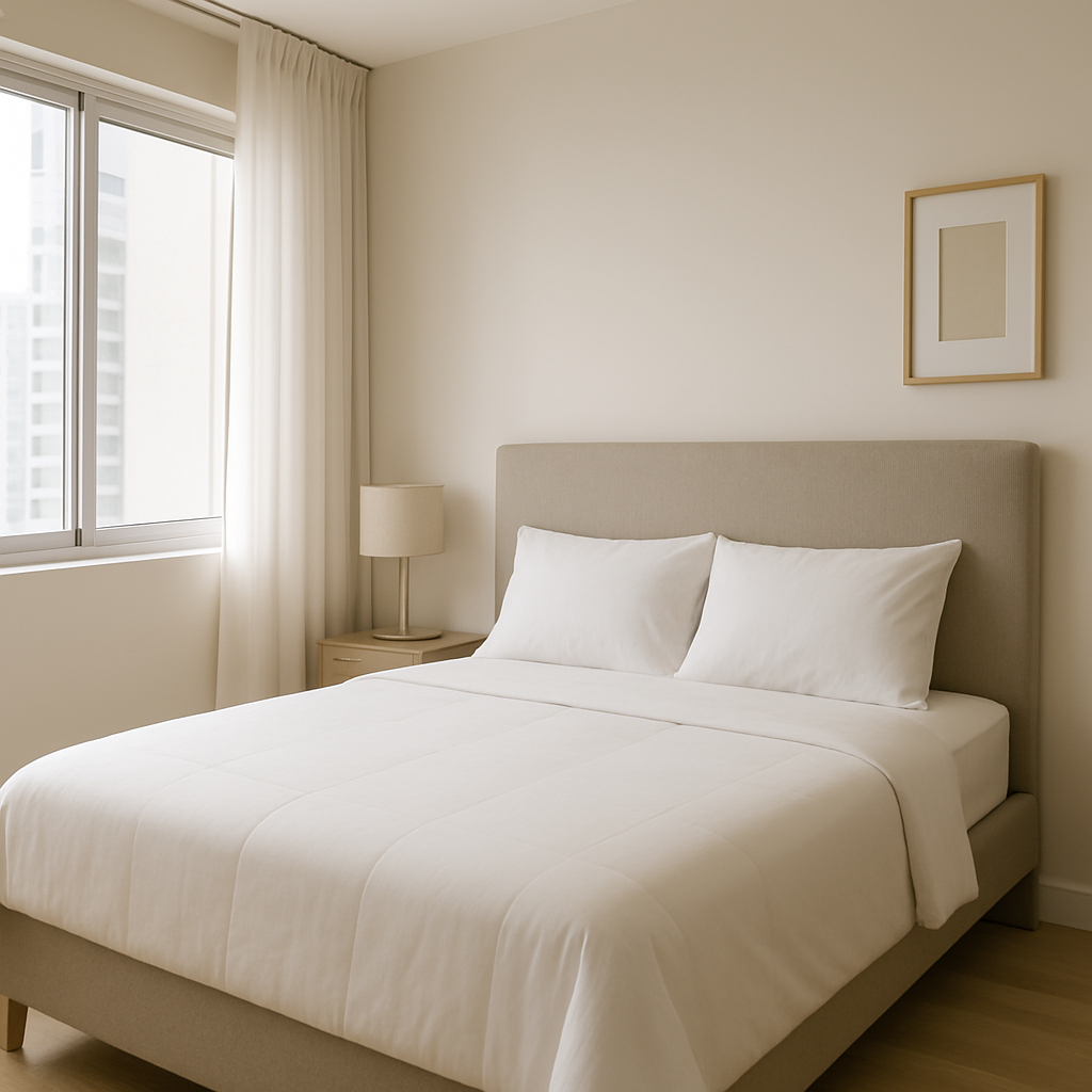 Cuarto en Panamá con cama doble, cabecera tapizada y ventanal con cortinas claras