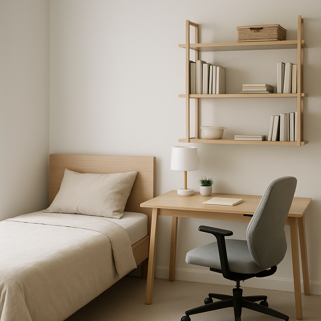 Cuarto en Panamá con escritorio moderno, silla ergonómica y estantería minimalista