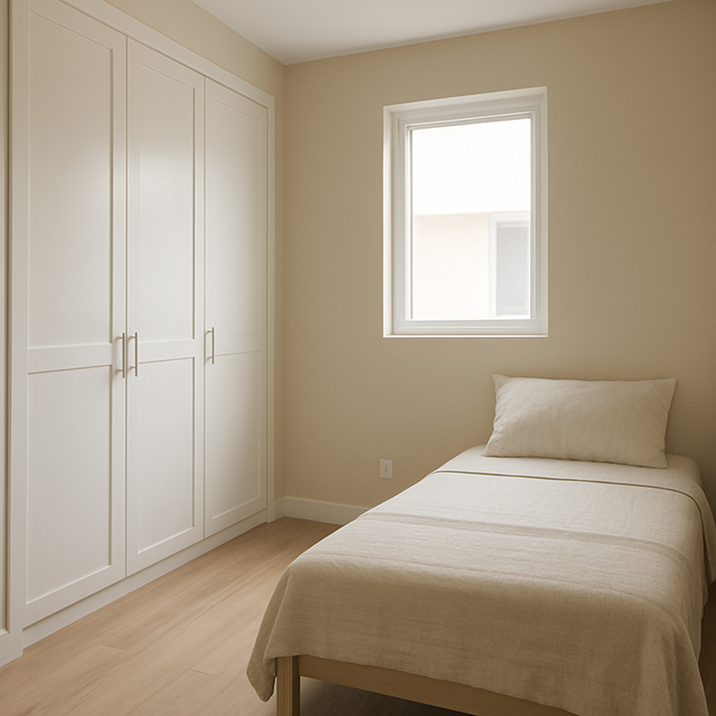 Cuarto en Panamá con clóset empotrado, paredes beige y suelo de madera