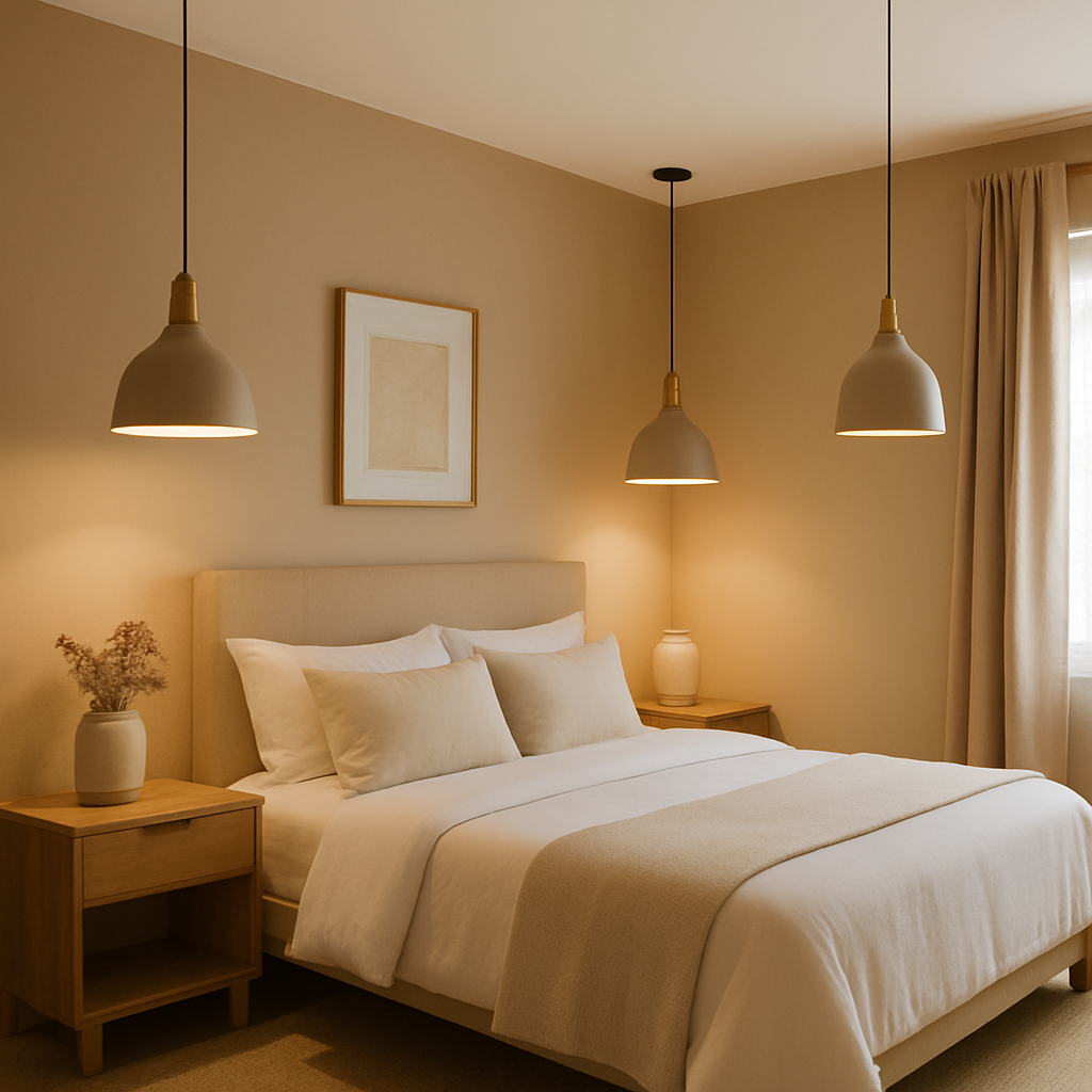Cuarto en Panamá con iluminación cálida, lámparas colgantes y detalles decorativos neutros