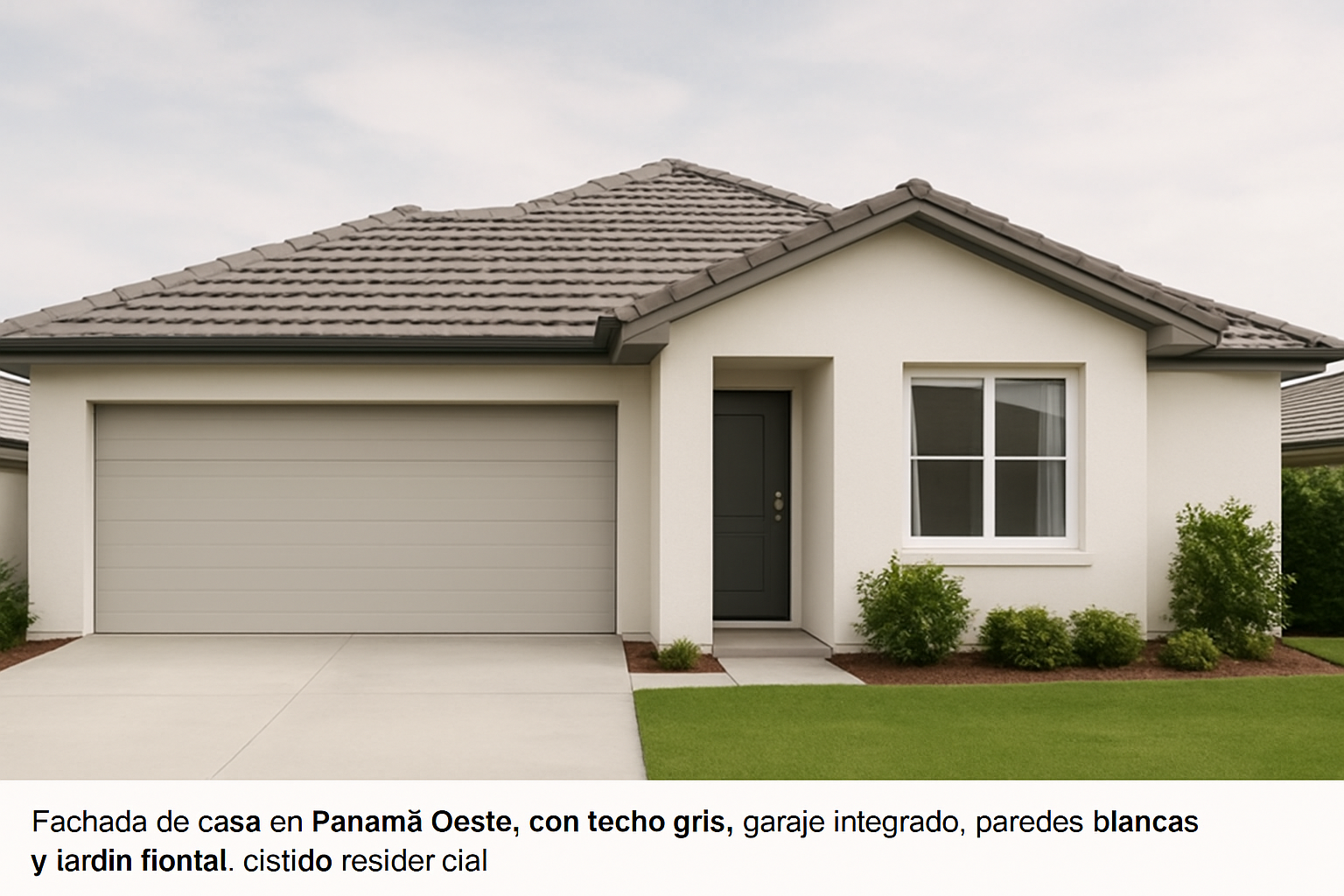 Fachada de casa en Panamá Oeste con techo gris, garaje y jardín frontal
