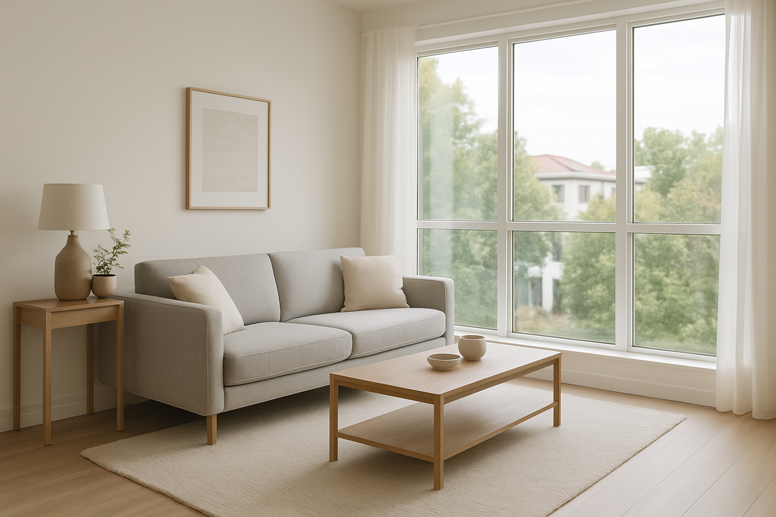 Sala de casa en Panamá Oeste con sofá gris claro, mesa de centro y ventanales