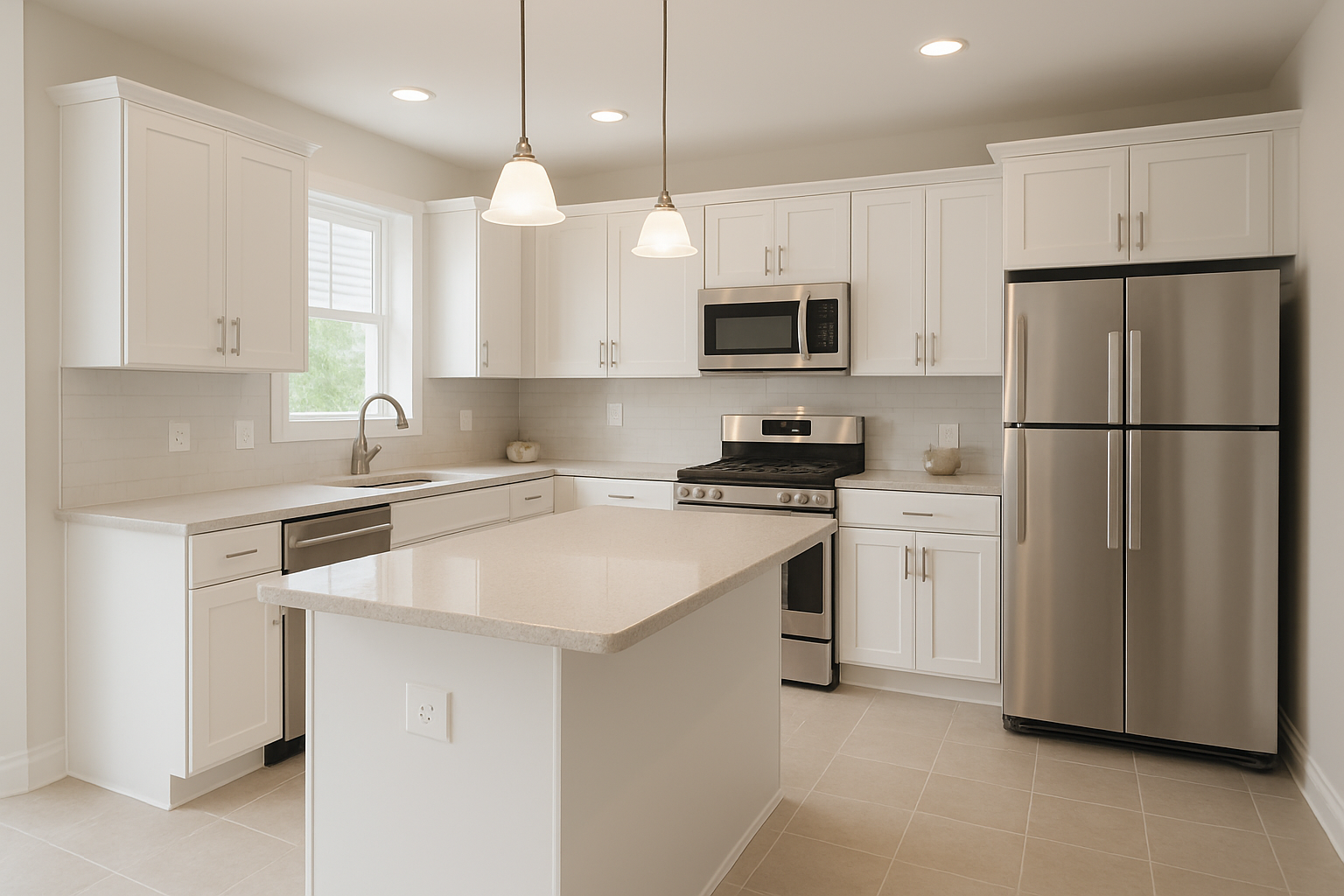 Cocina en Panamá Oeste con gabinetes blancos, isla central y electrodomésticos modernos