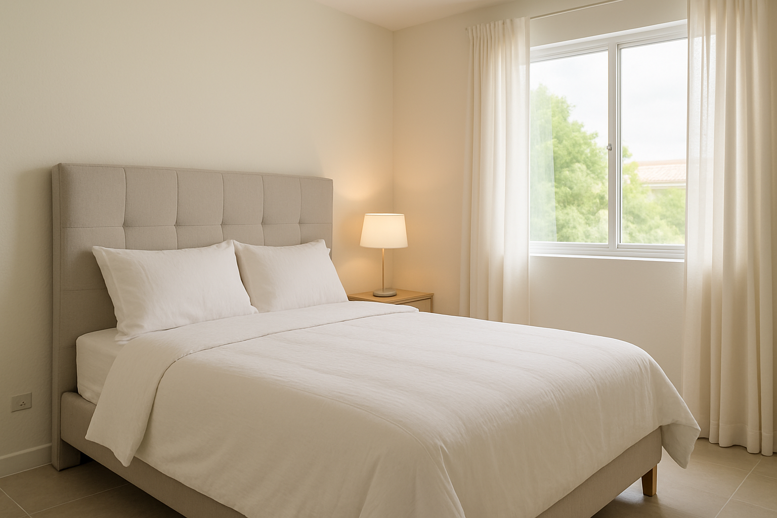 Dormitorio en Panamá Oeste con cama queen, ropa de cama clara y ventana amplia