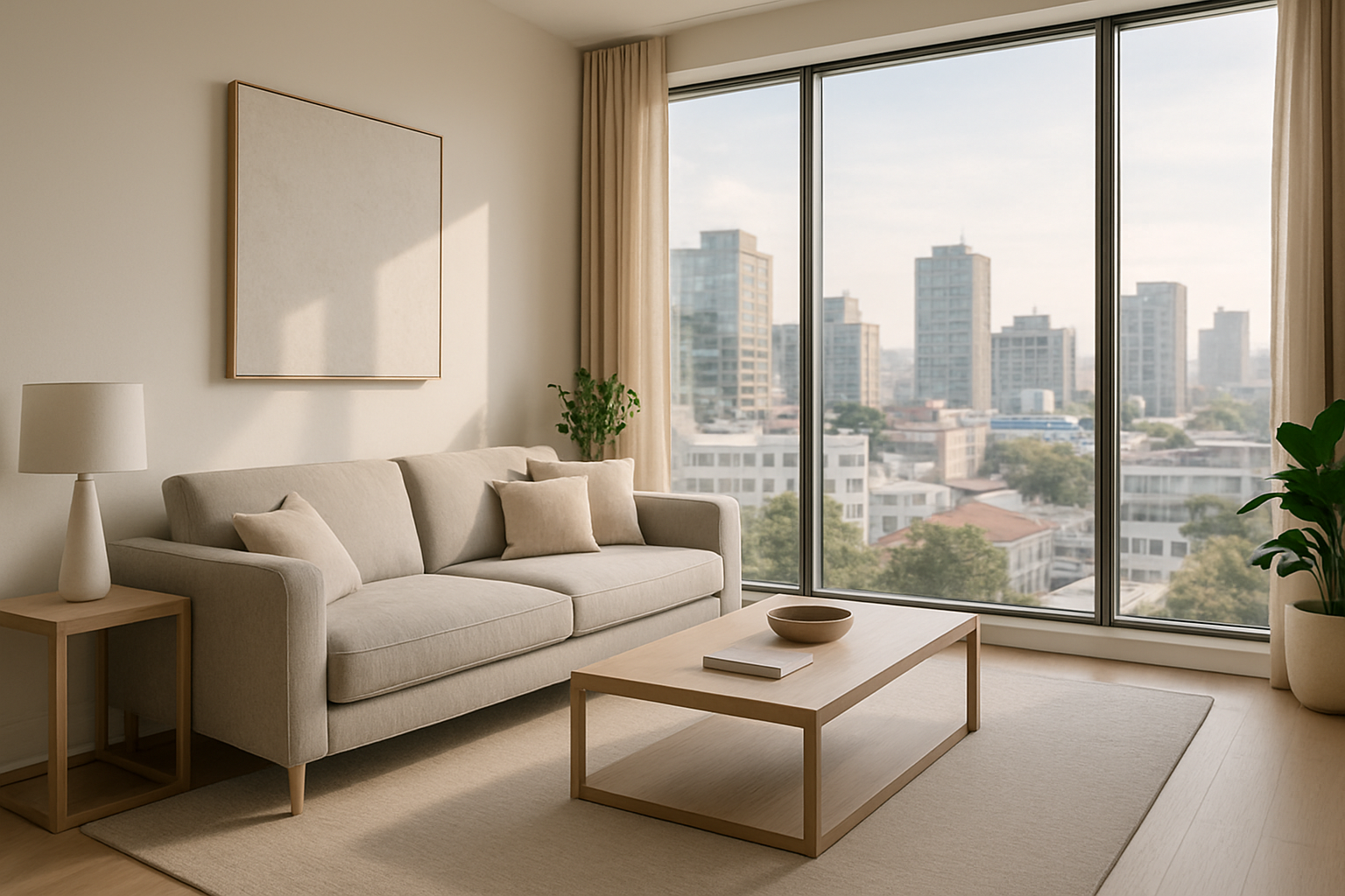 Sala de apartamento ejecutivo en Panamá con sofá gris claro y ventanales panorámicos