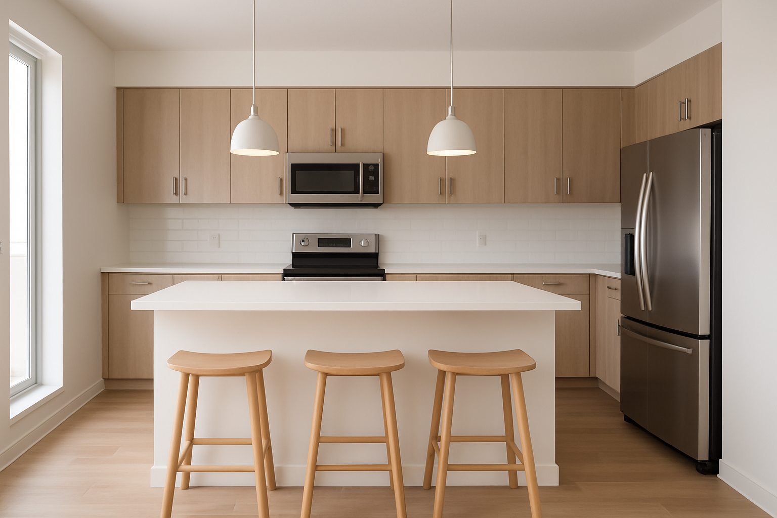 Cocina abierta de apartamento en Panamá con isla blanca y electrodomésticos modernos