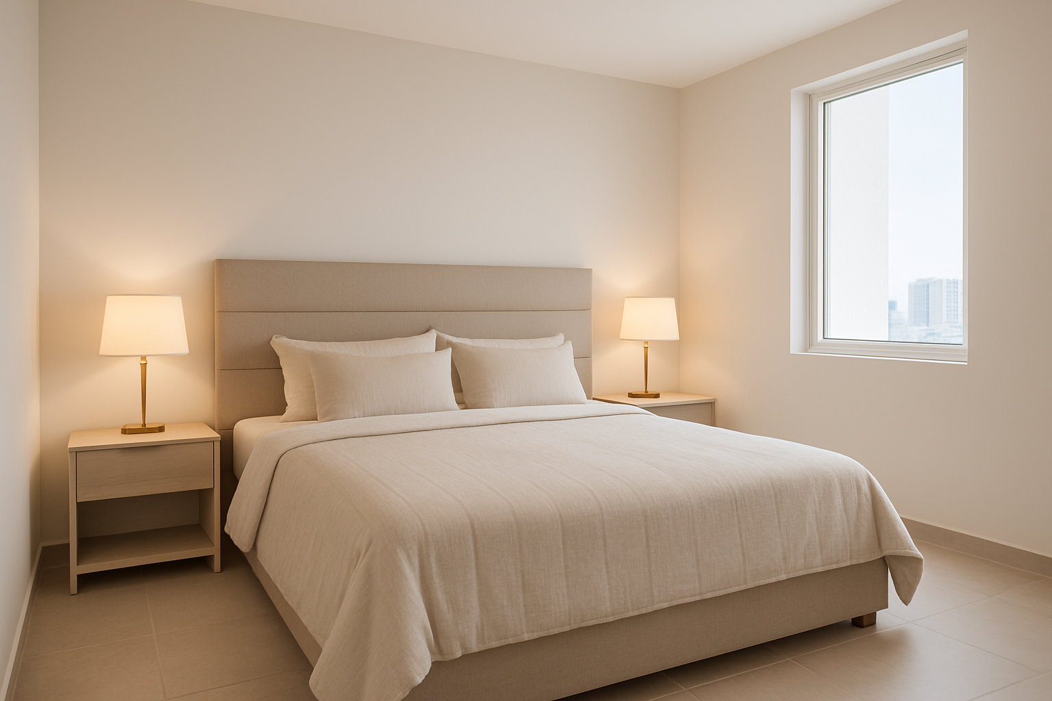 Dormitorio principal de apartamento en Panamá con cama king y iluminación cálida