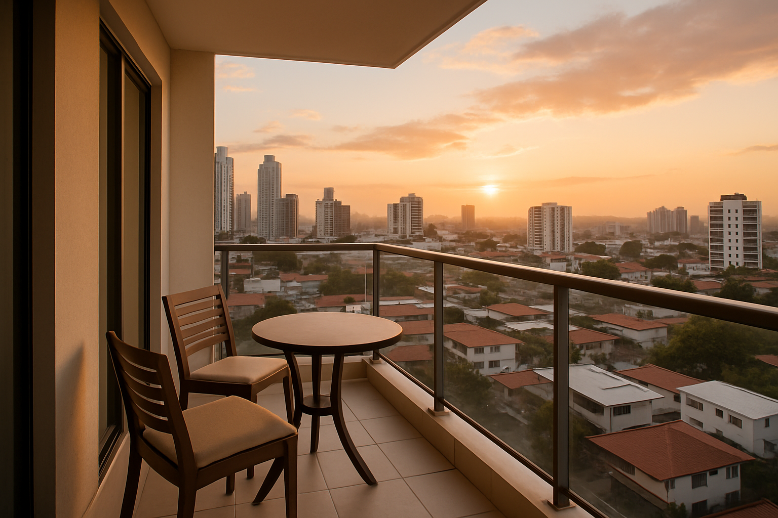 Balcón de apartamento en Panamá con mesa pequeña y vista urbana al atardecer