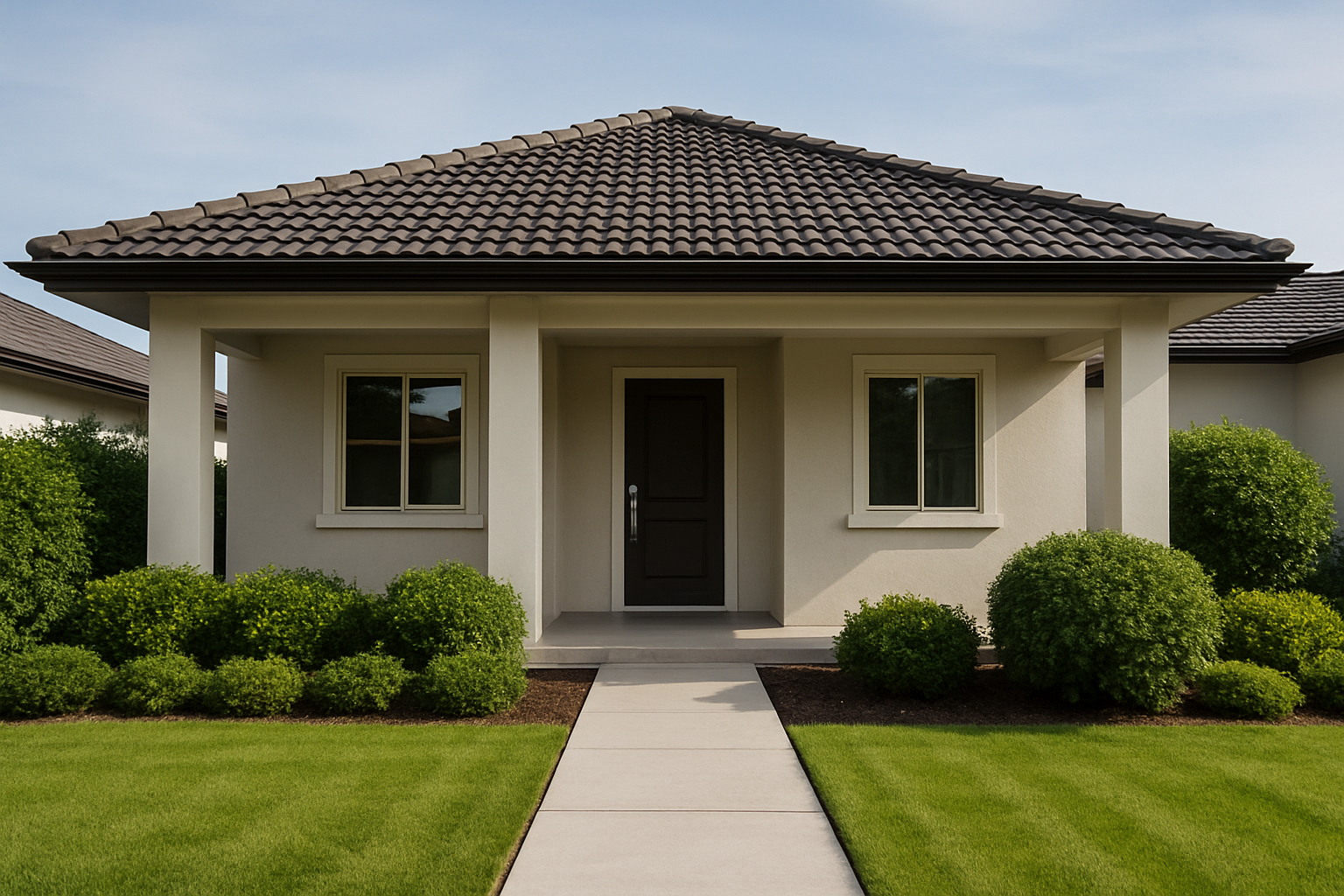 Fachada de casa en Tolé con techo de tejas oscuras, porche frontal y jardín con arbustos