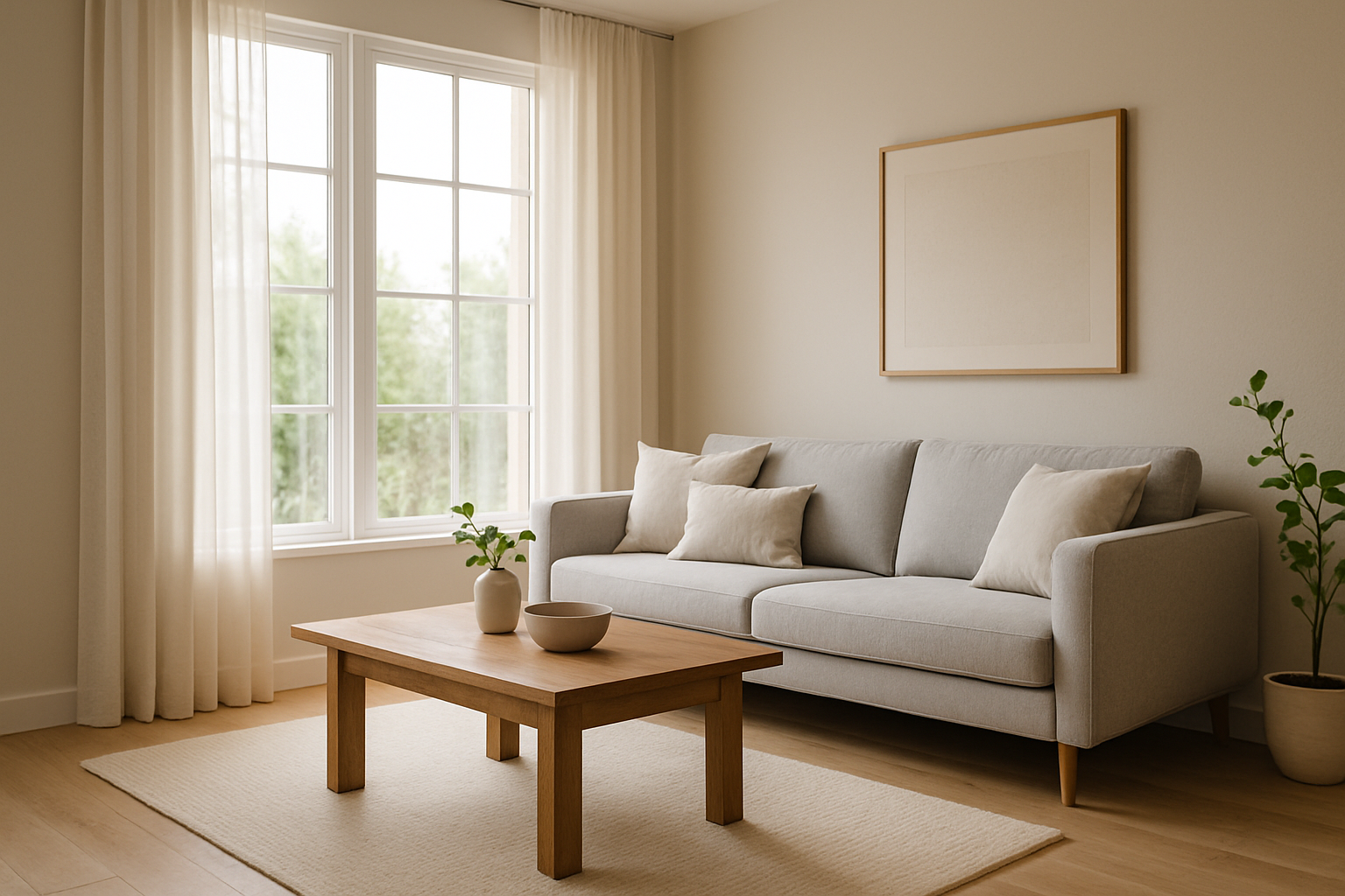 Sala en casa de Tolé con sofá gris claro, mesa de centro de madera y ventanales altos