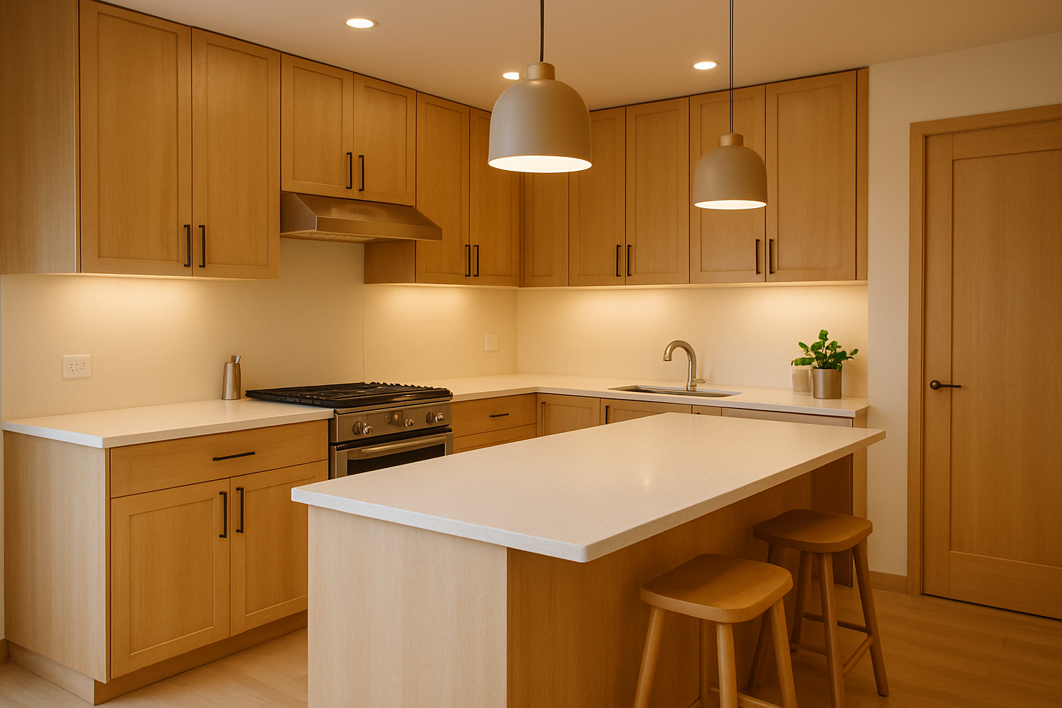 Cocina de casa en Tolé con gabinetes de madera clara, barra desayunadora y iluminación cálida