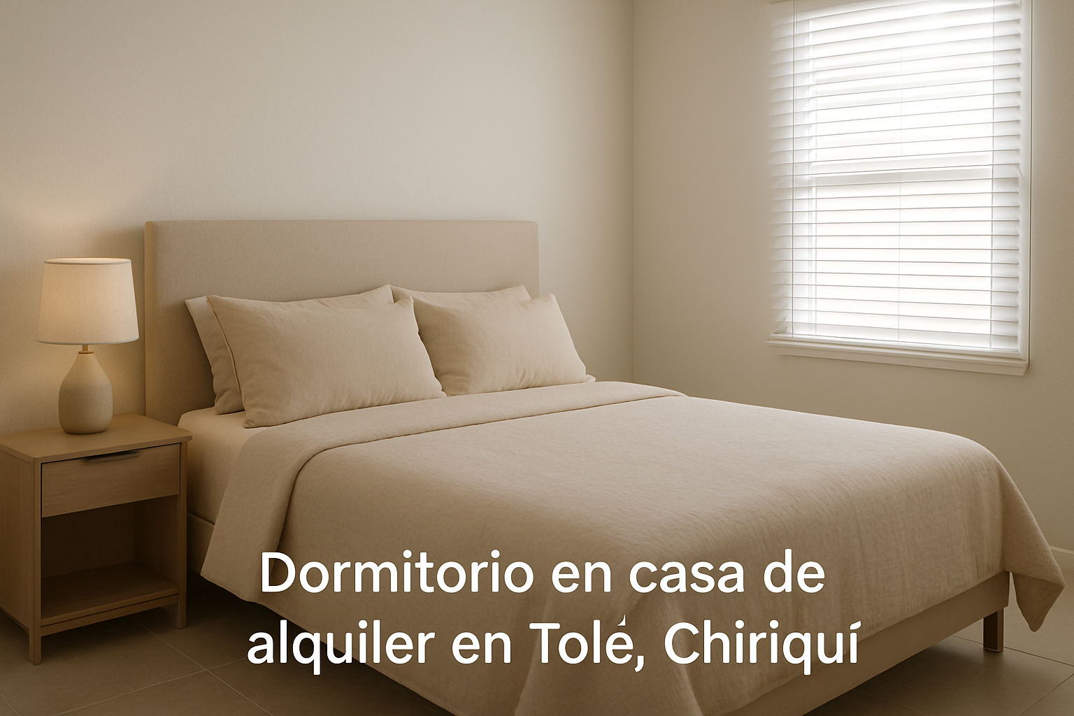 Dormitorio en Tolé con cama matrimonial, ropa de cama beige y ventana con persianas blancas