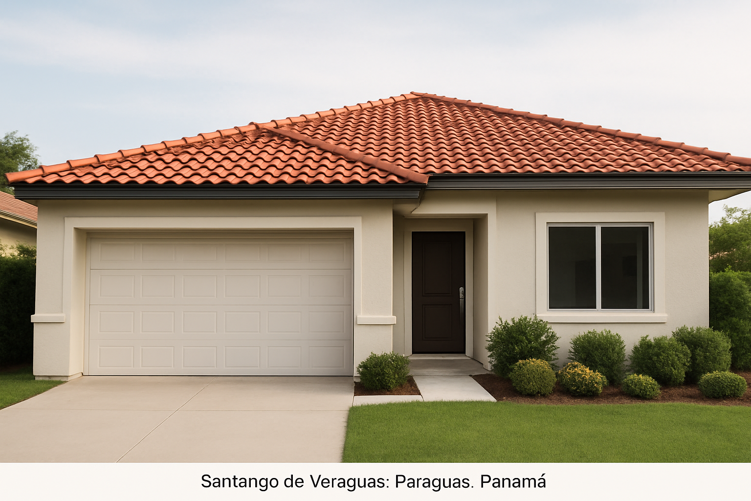 Fachada de casa en Santiago de Veraguas con techo de tejas rojas, garaje cubierto y jardín frontal