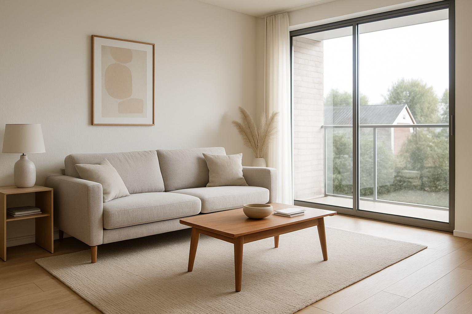 Sala de casa en Veraguas con sofá gris claro, alfombra beige y ventanales amplios