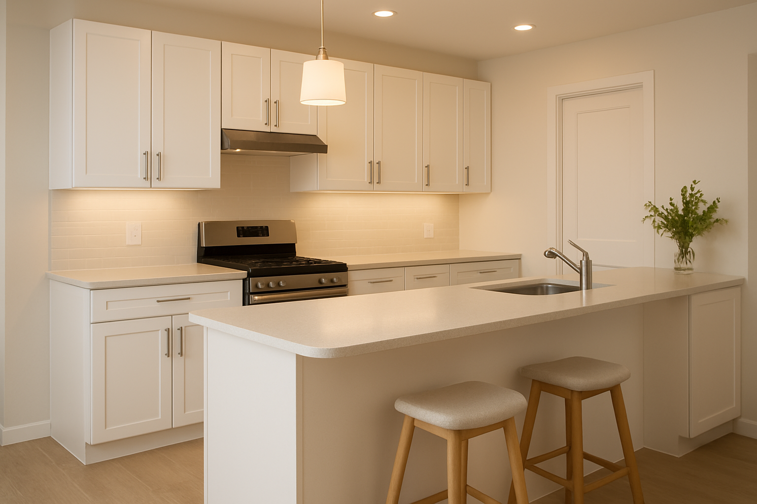 Cocina de casa en Veraguas con gabinetes blancos, barra desayunadora y iluminación cálida