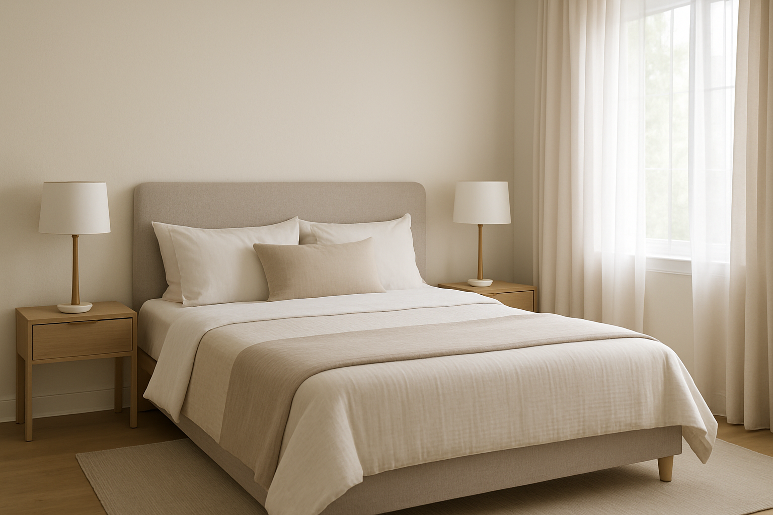 Dormitorio principal en Veraguas con cama queen, ropa de cama neutra y ventana con cortinas ligeras