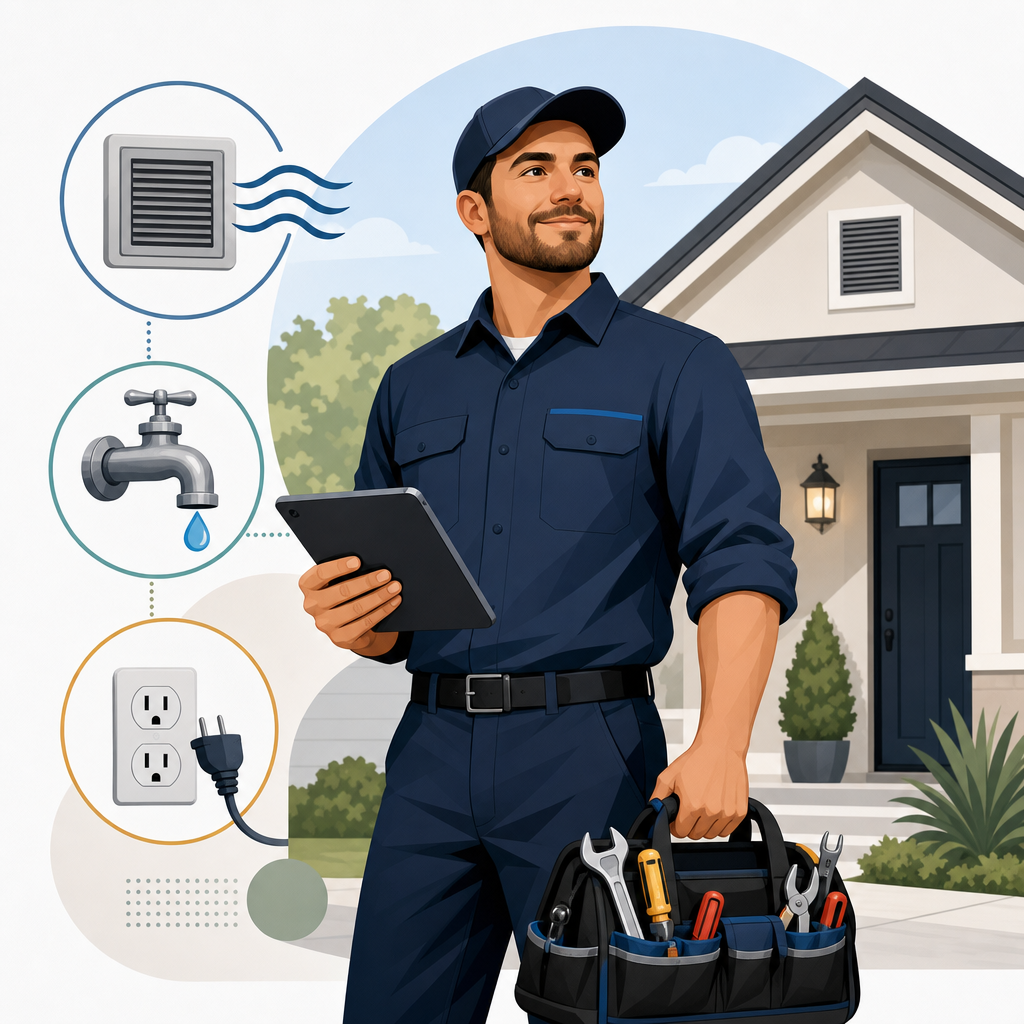 Polished illustration of a confident home-service technician with tools beside HVAC, plumbing, and electrical symbols