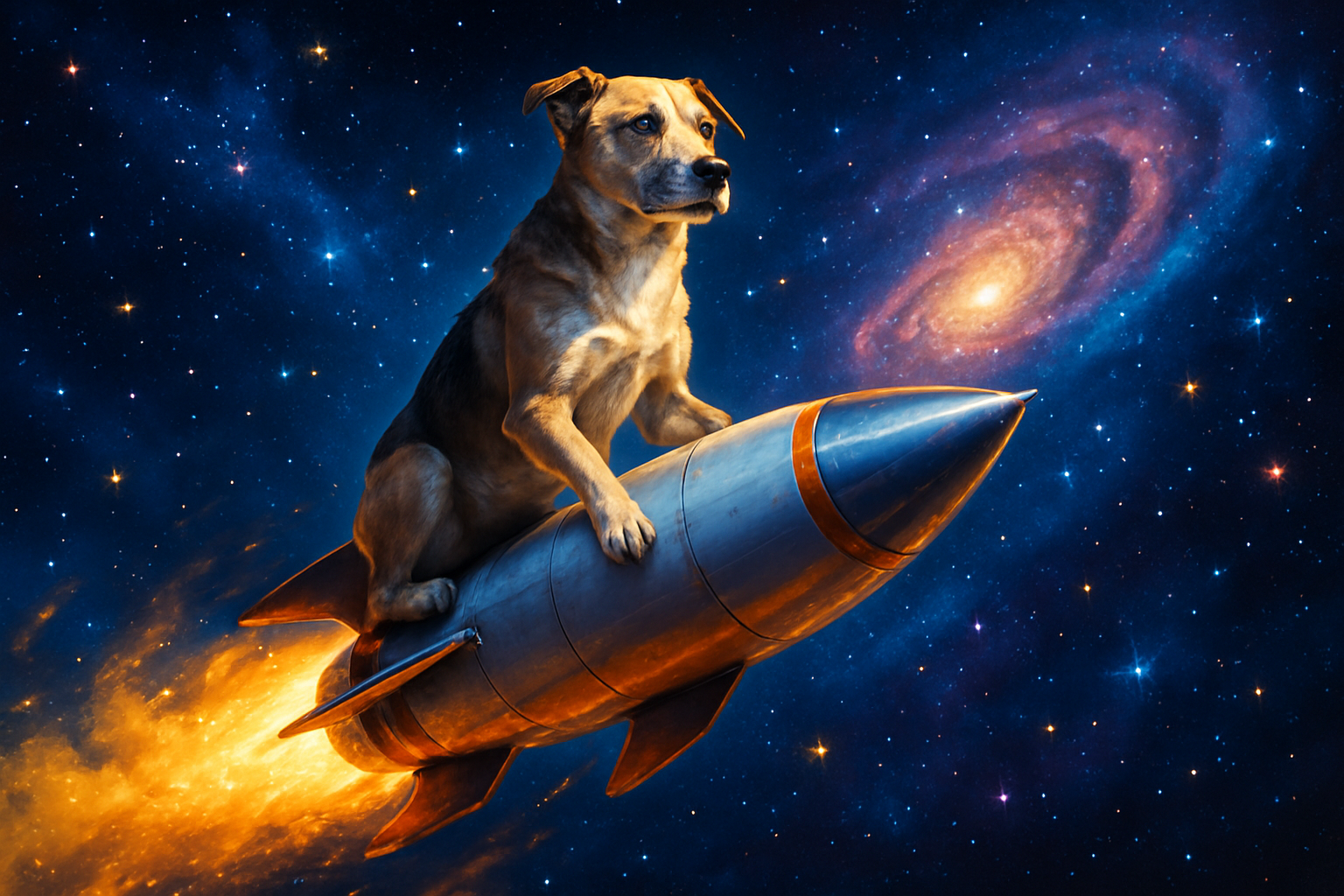 Photorealistic dog riding a space rocket blasting into a colorful outer space with stars and galaxy swirl