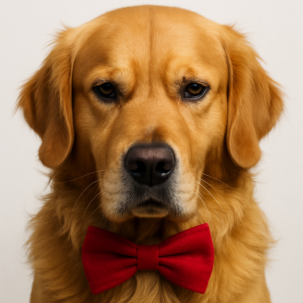 Photorealistic dramatic-looking golden retriever wearing a red bow tie, looking intensely into the camera