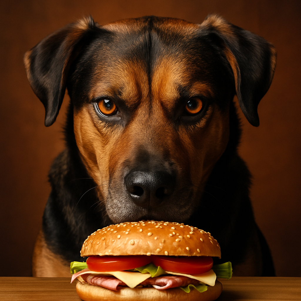 Photorealistic dog with a dramatic, intense stare reviewing a sandwich