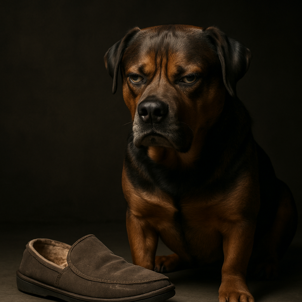 Photorealistic dog with a serious expression reviewing a slipper