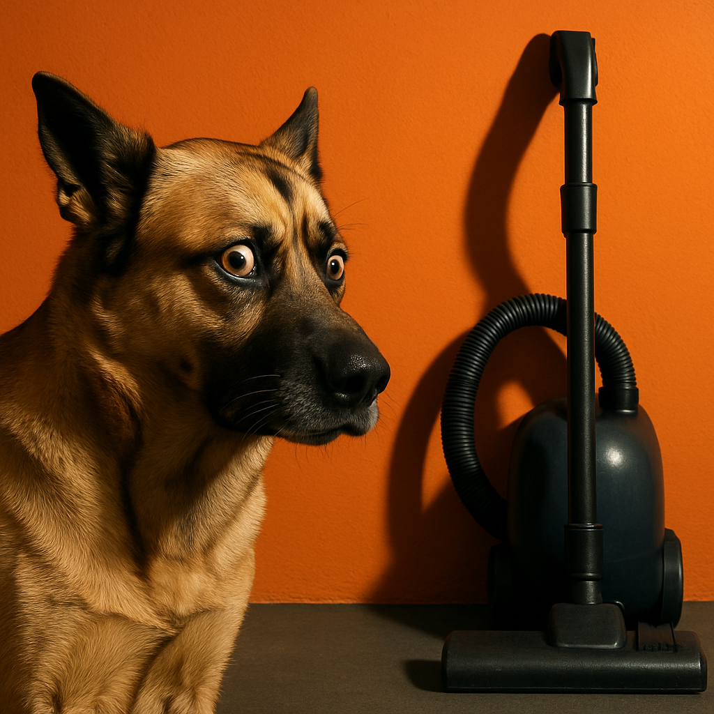 Photorealistic dog with an overly serious face reviewing a vacuum cleaner