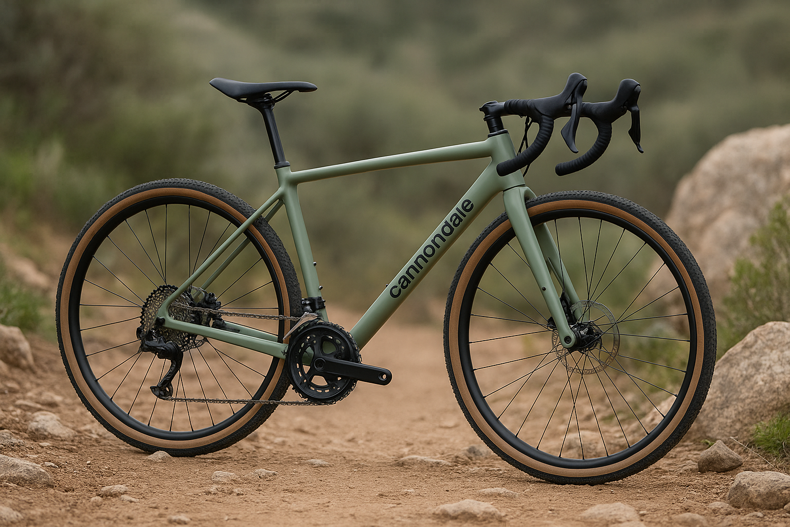 Modern Cannondale Topstone gravel bike with sleek tubing and wide tires posed beside a rocky trail