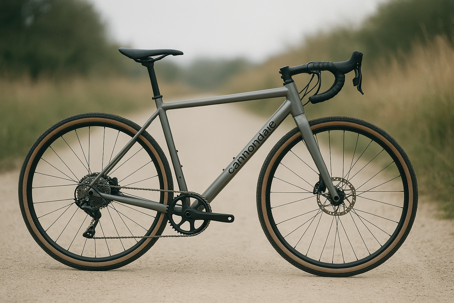 Early-era Cannondale Topstone gravel bike with an alloy frame and simple drop-bar setup on a quiet gravel path