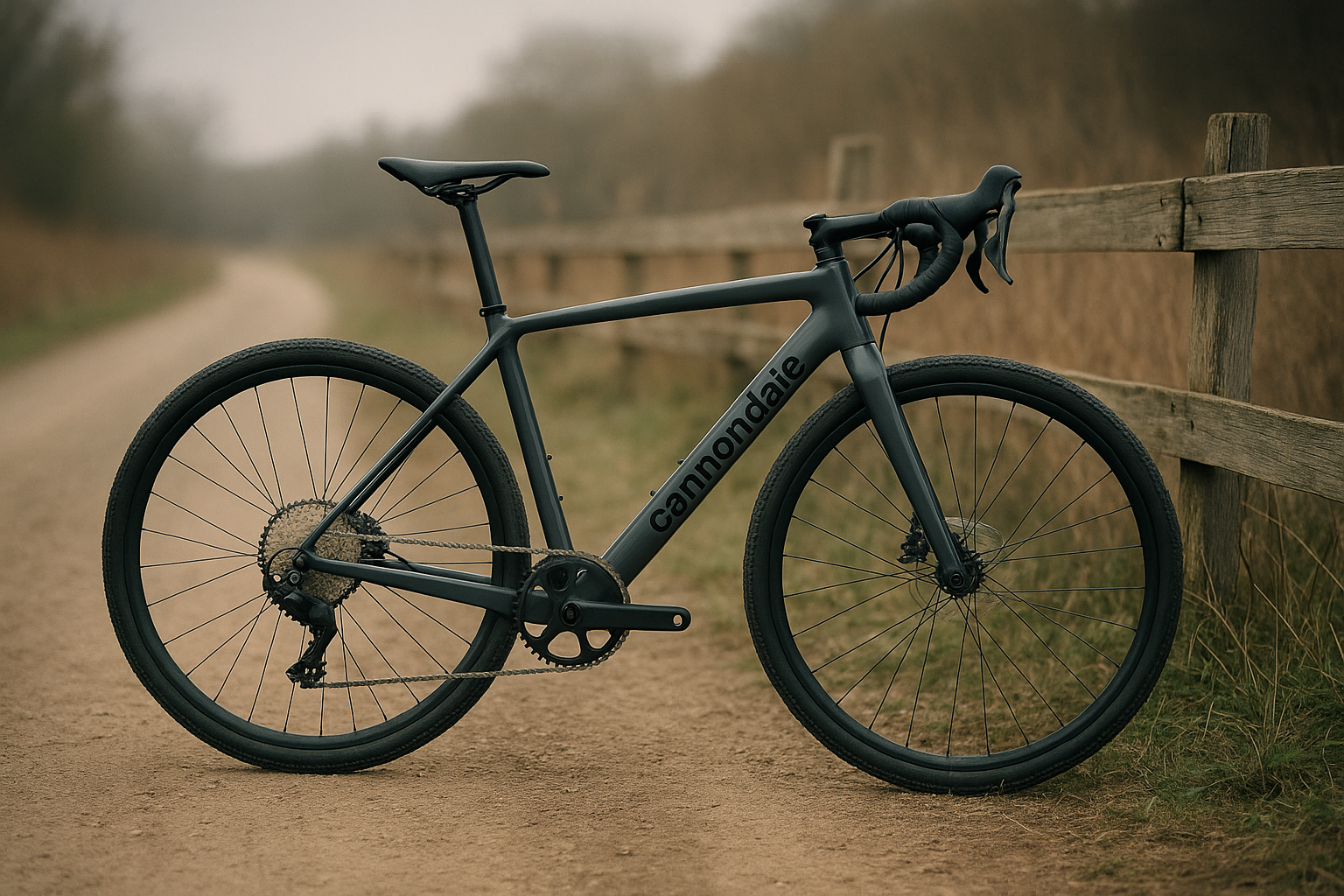 Mid-era Cannondale Topstone carbon gravel bike with deeper tubes and mixed-terrain tires leaning against a wooden fence