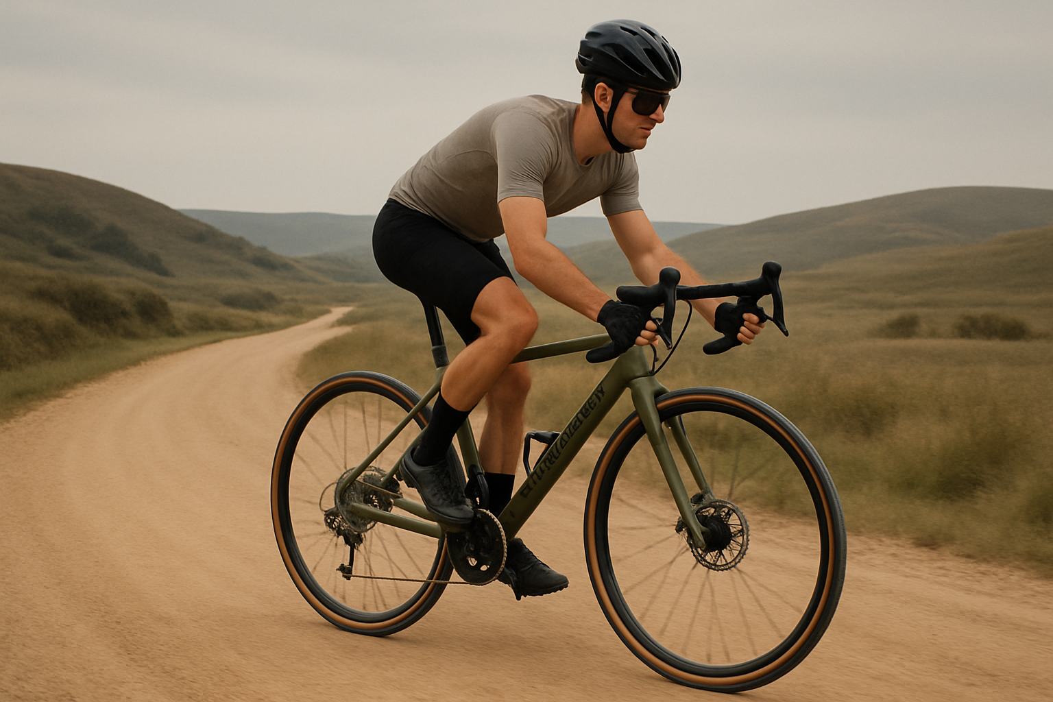 Cannondale Topstone gravel bike riding on a wide tan gravel road with rolling hills and muted sky, showcasing mixed-terrain capability