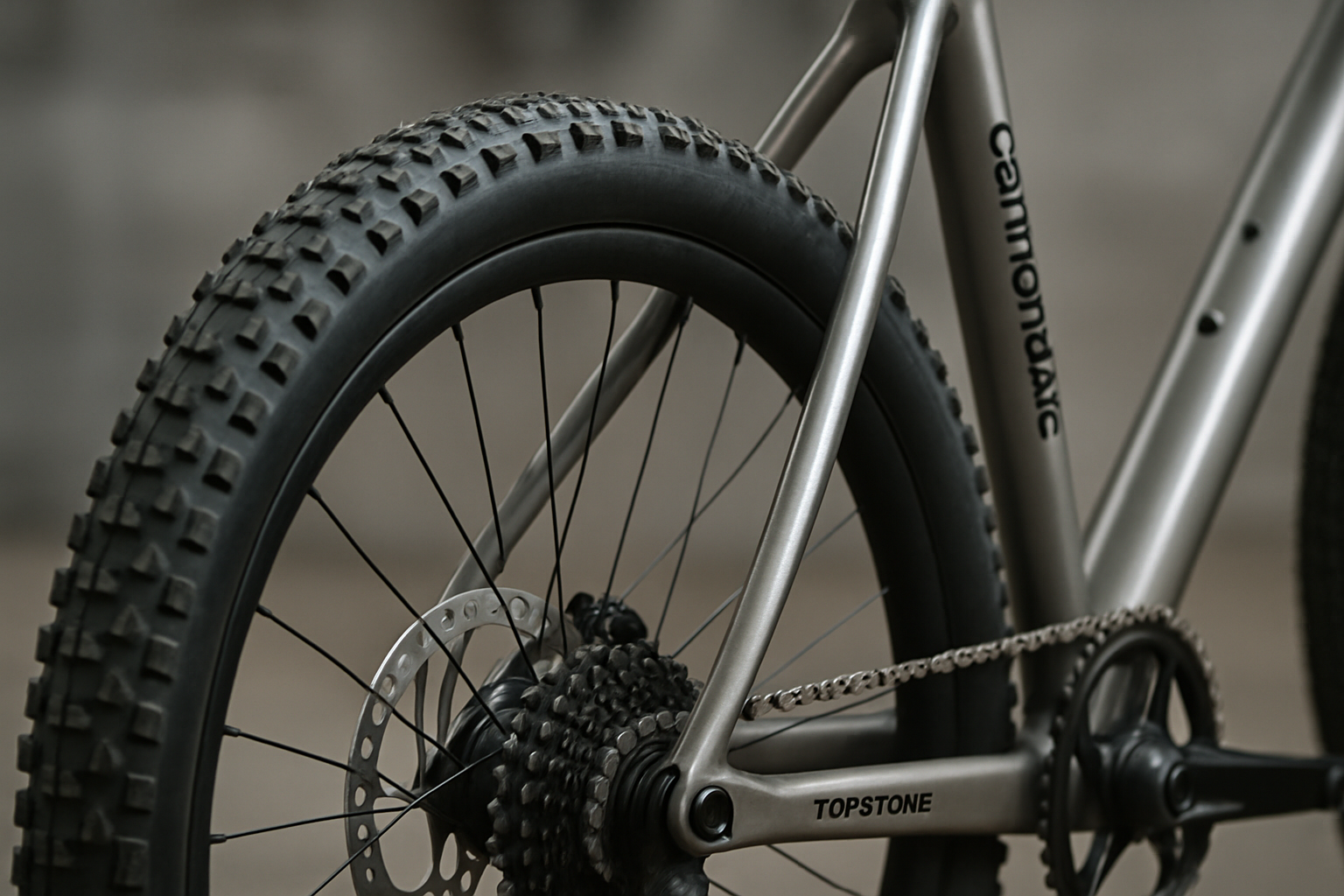 Detail shot of a Cannondale Topstone rear wheel with wide gravel tire showing generous clearance between tire and frame