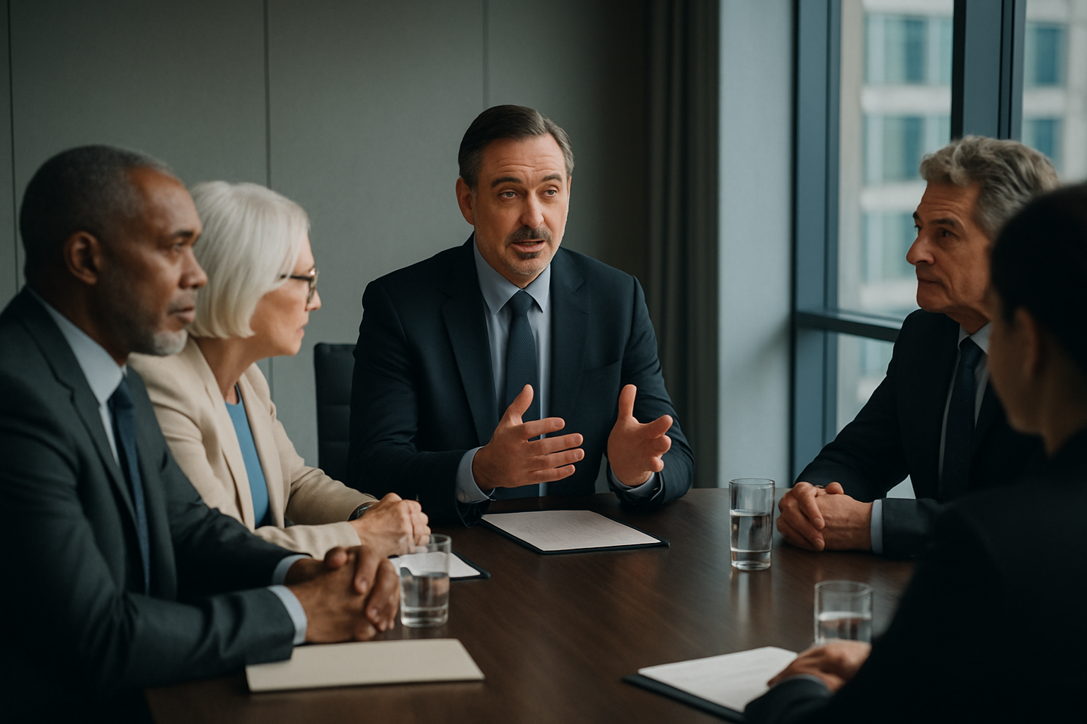 Executive coaching conversation in a modern boardroom