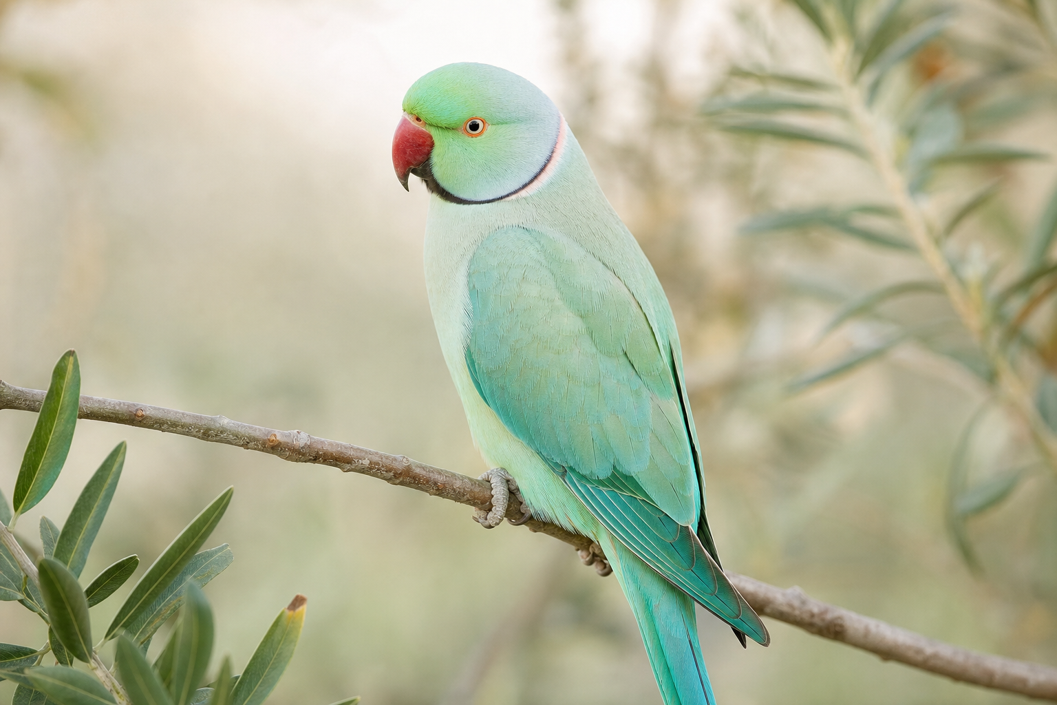 Elegant Indian Ringneck parakeet portrait on a natural branch with soft botanical background