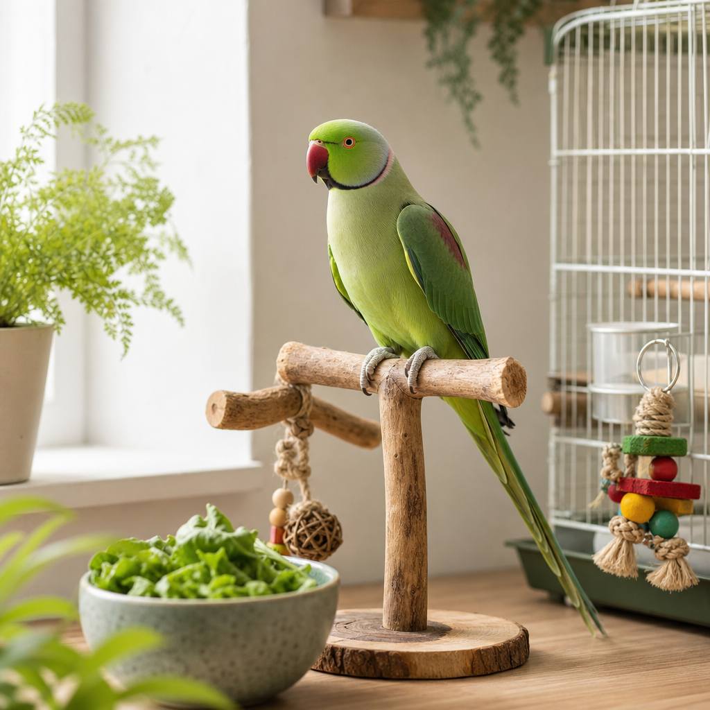 Indian Ringneck perched beside a natural wood stand in a bright home care corner with toys and fresh greens