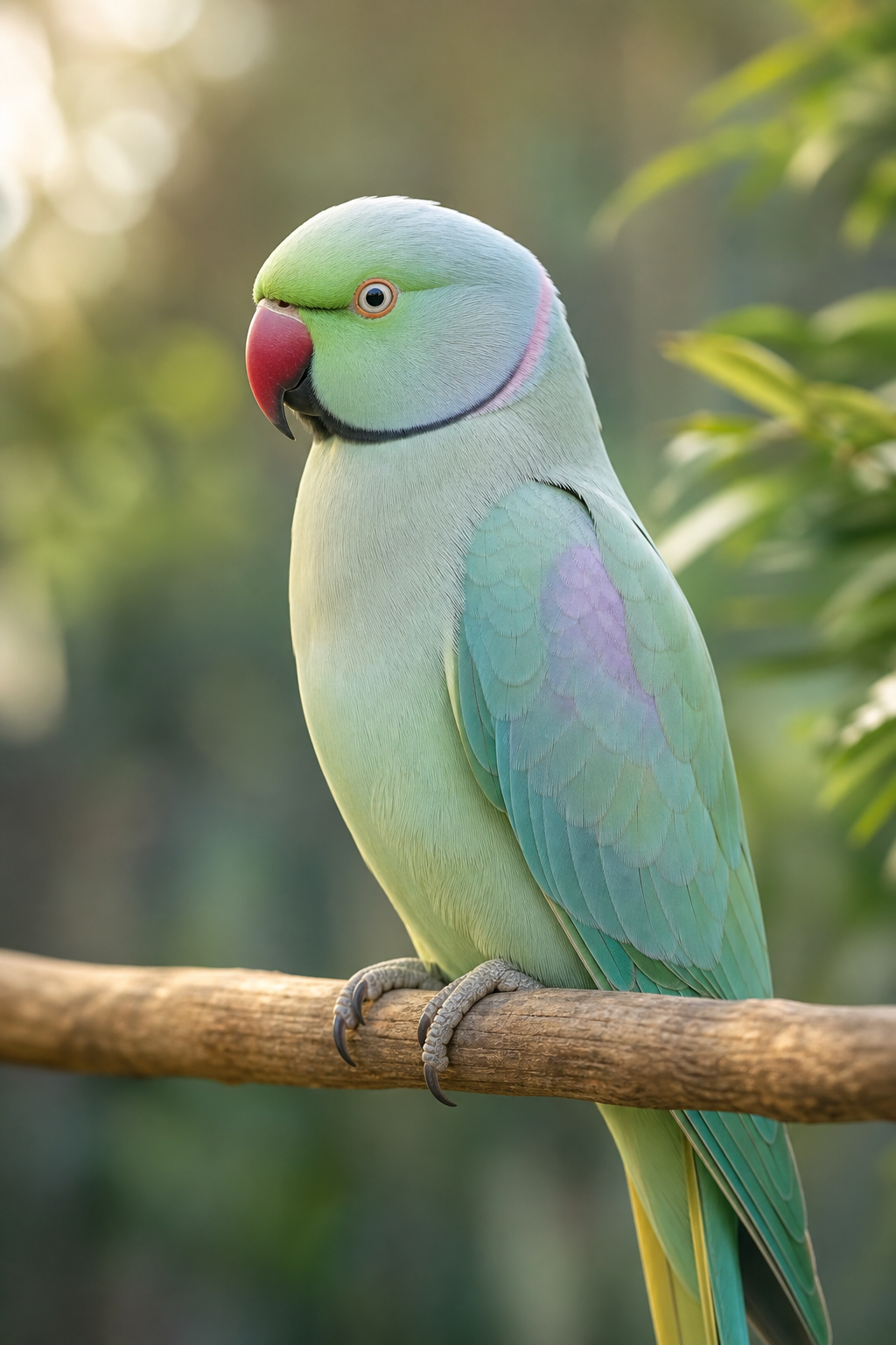 Refined Indian Ringneck portrait with detailed plumage in soft natural light
