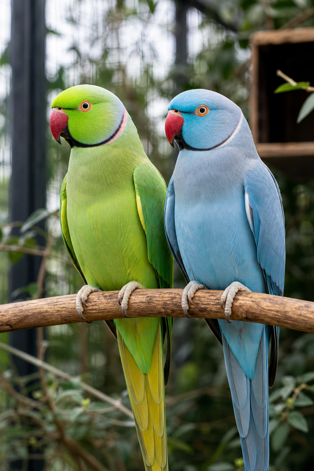 Two Indian Ringneck parakeets perched on a natural branch, one in vivid emerald green and one in soft blue mutation colouring, in a calm aviary setting