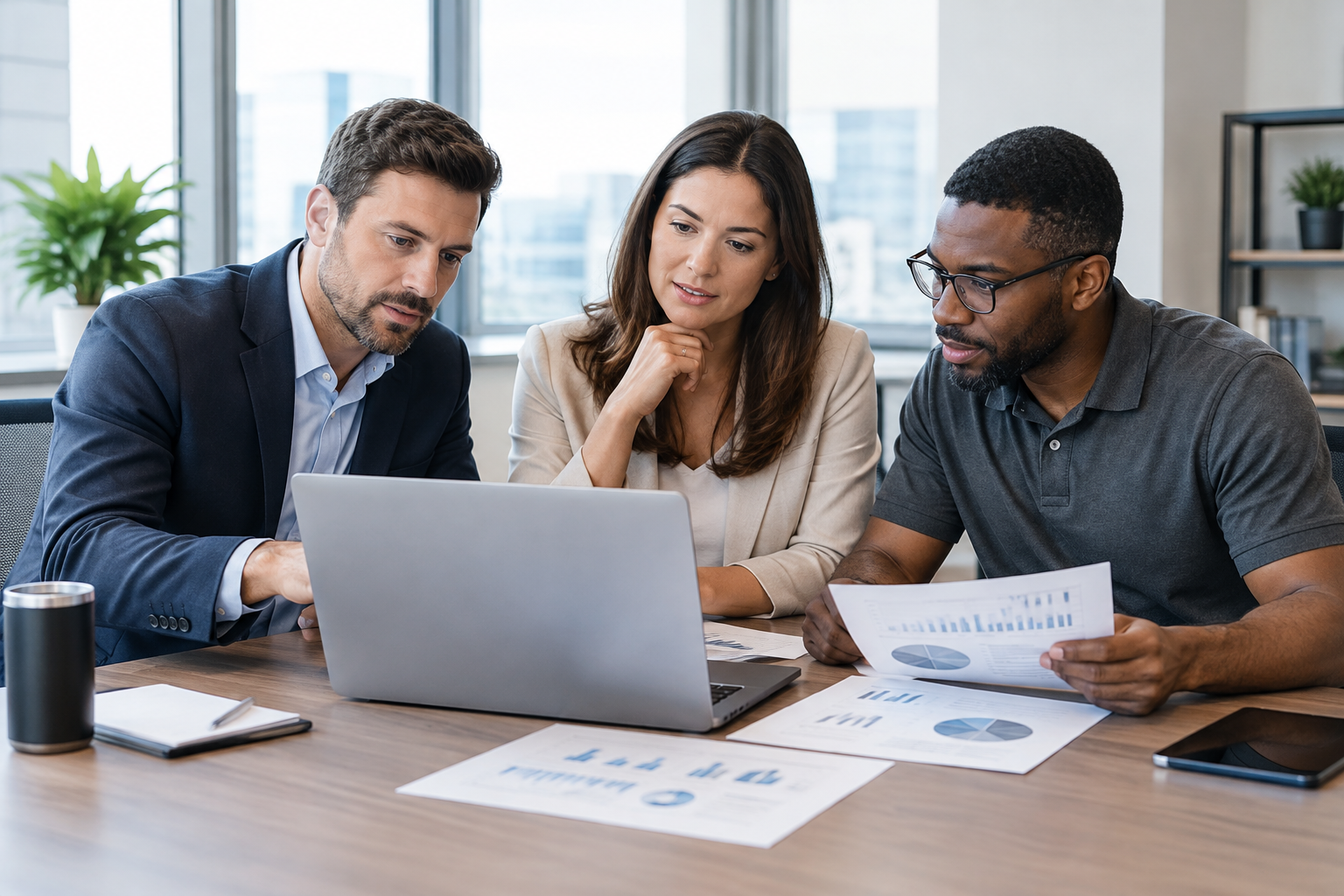 Business consultants and technical support specialists reviewing operations data together in a modern office