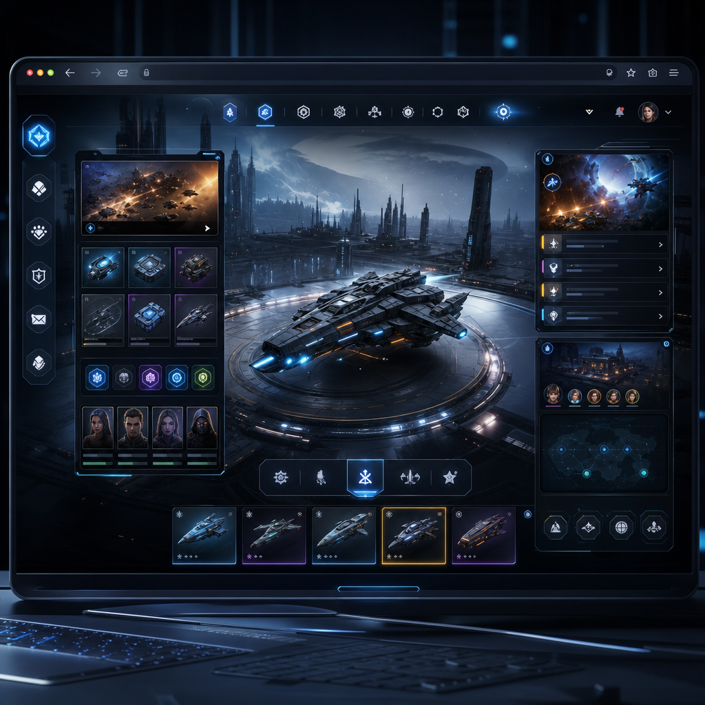 Refined browser-based gameplay interface scene with immersive lighting and clear interaction layers