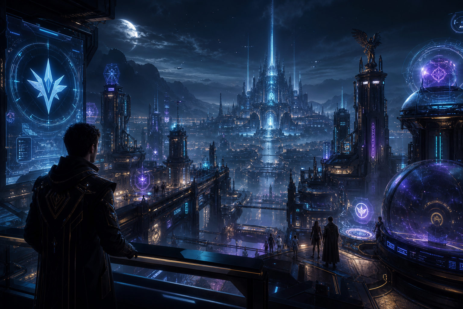 Premium futuristic interactive game environment with cinematic depth and interface glow