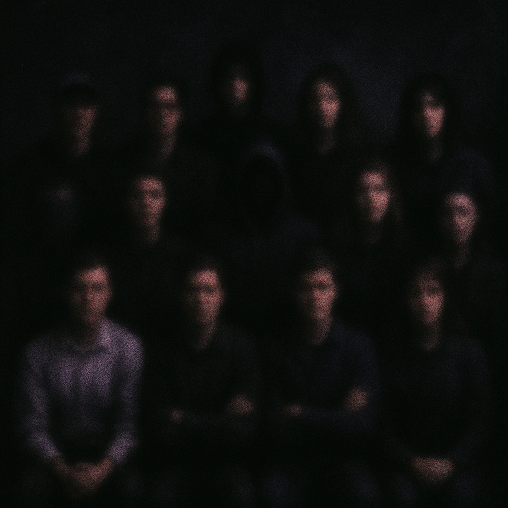 A blurred group photo of club members, faces and details obscured, mysterious dark background