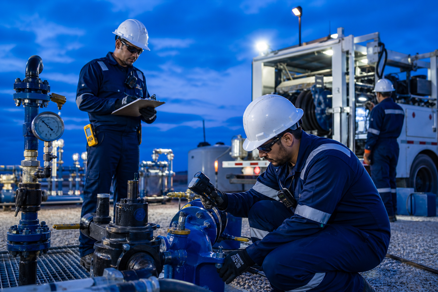Técnicos realizando verificación de mantenimiento de pozo con equipos de superficie