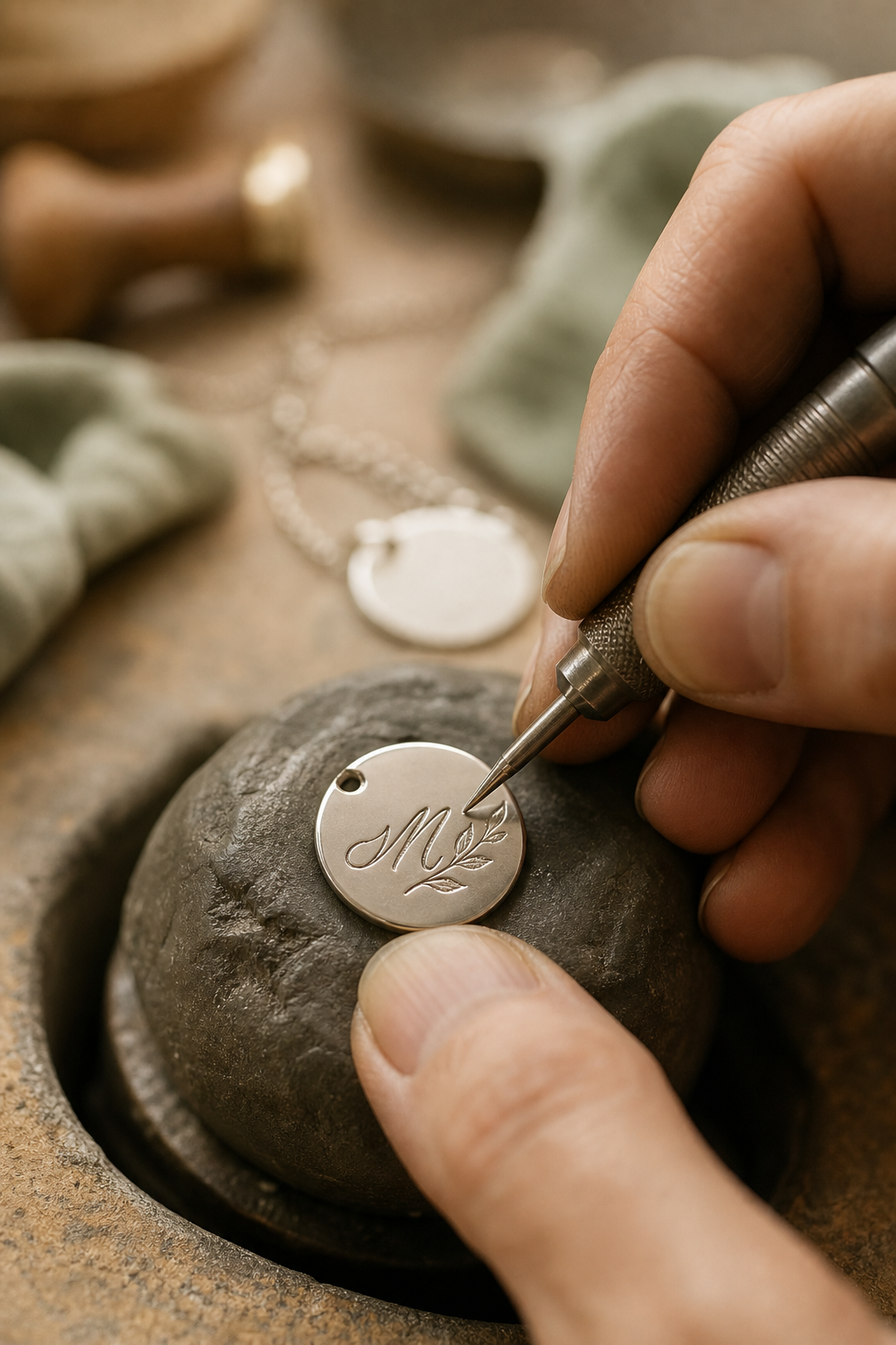 Artisan hand-engraving delicate script lettering onto a small silver pendant