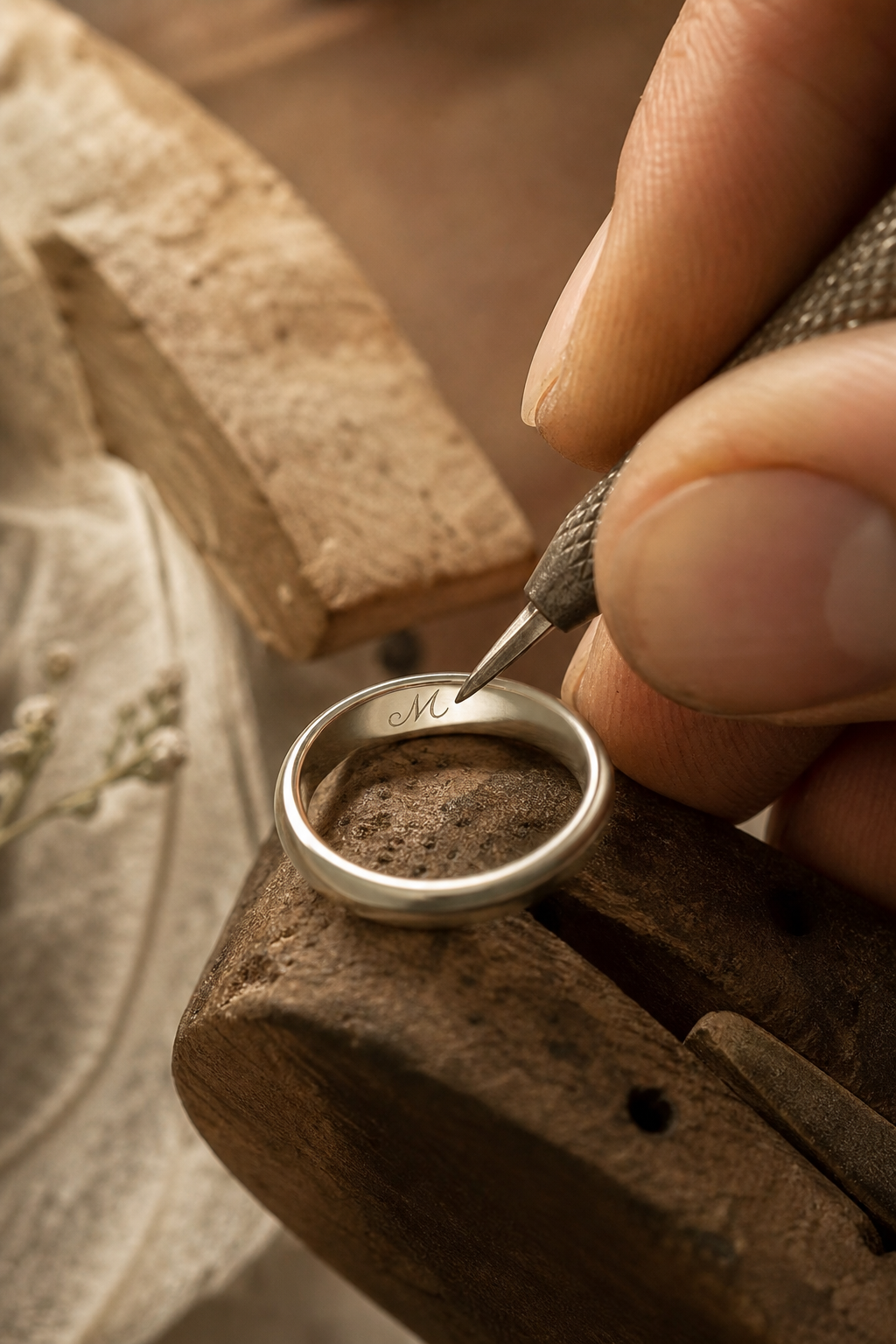 Macro close-up of an artisan hand-engraving a delicate script initial into a polished silver ring band