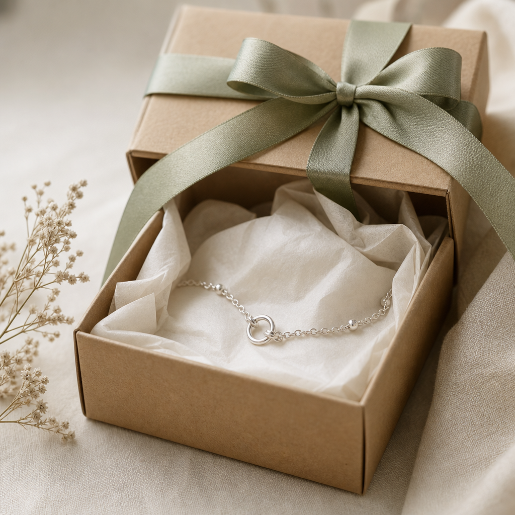 Open kraft gift box lined with tissue paper holding a silver bracelet, tied with a sage green ribbon