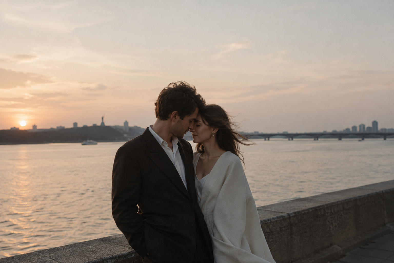 A couple leaning into one another beside the Dnipro at dusk, with a pale open sky and a soft breeze in their clothes.