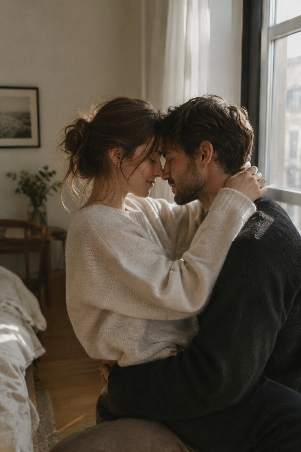 A relaxed close portrait of a couple at home, resting forehead to forehead beside a tall window with gentle morning light.