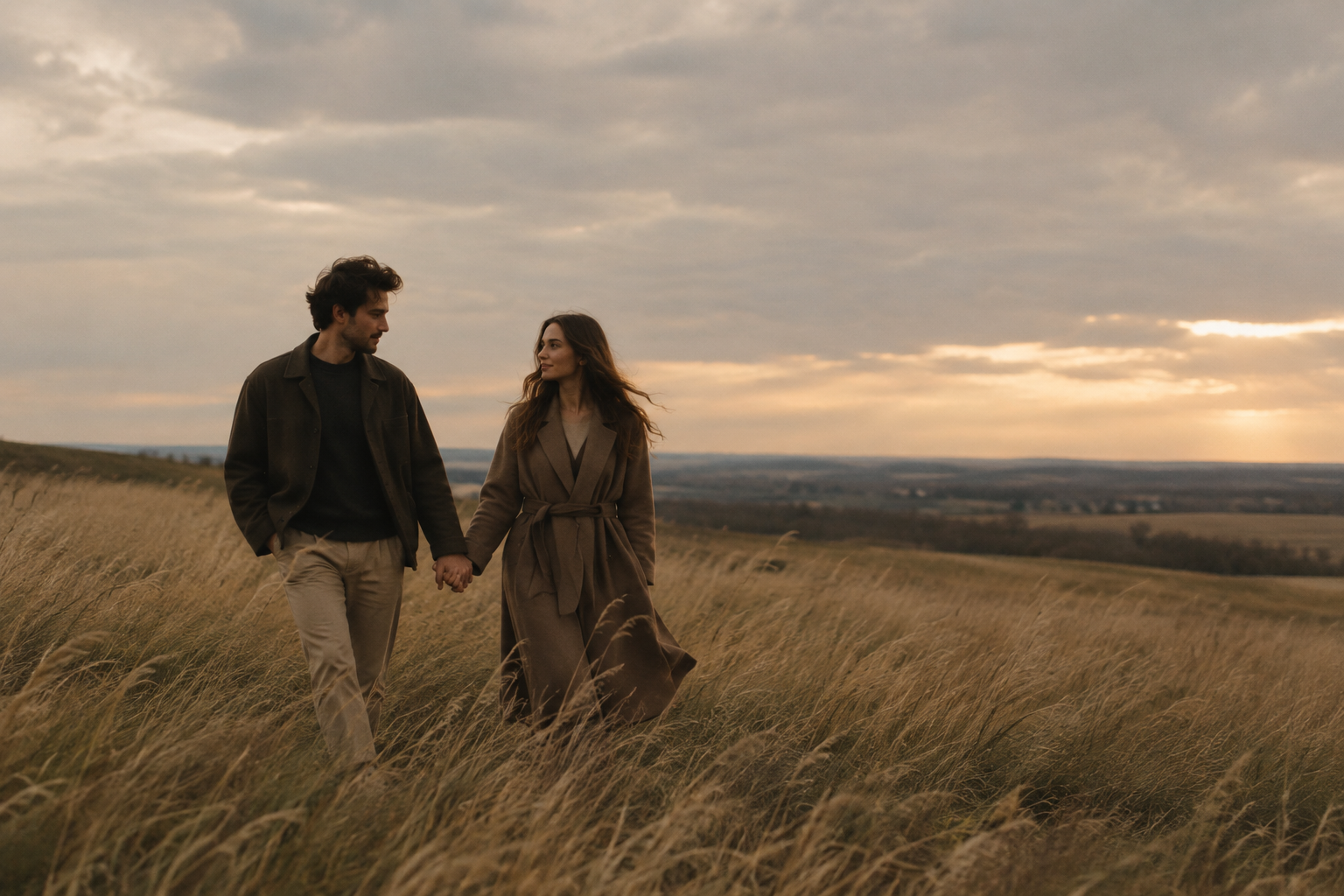 A couple walking hand in hand through a windswept golden field, their silhouettes softened by an overcast evening sky.