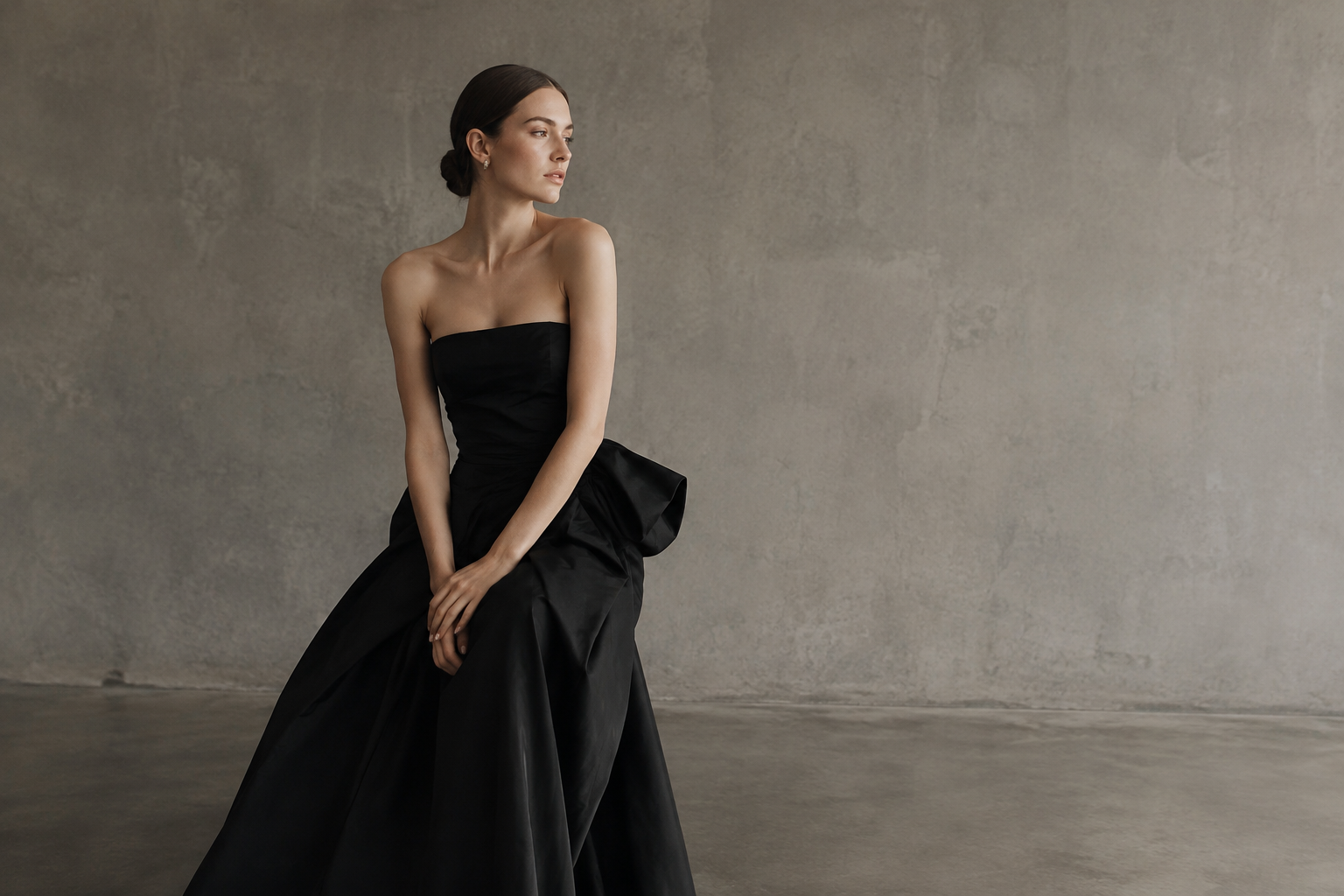 An editorial portrait of a model in a sculptural black gown against a softly lit concrete wall in a minimalist Kyiv studio.