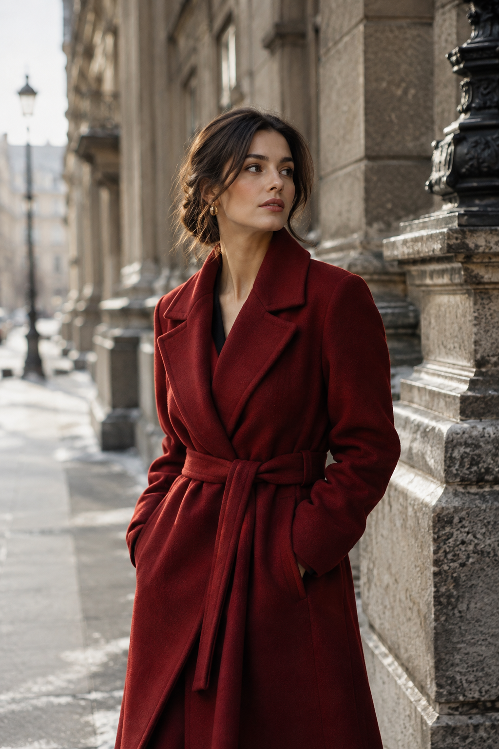A fashion editorial portrait in a deep red tailored coat on a quiet old-city street, with crisp winter light and restrained styling.